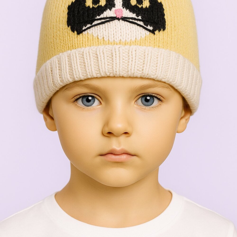 Ski cap beannie hand knitted cat design in yellow. NEW NEW NEW ALPACA YARN